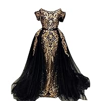 Gold ed Mermaid Evening Prom Dress Party Gown Detachable Train