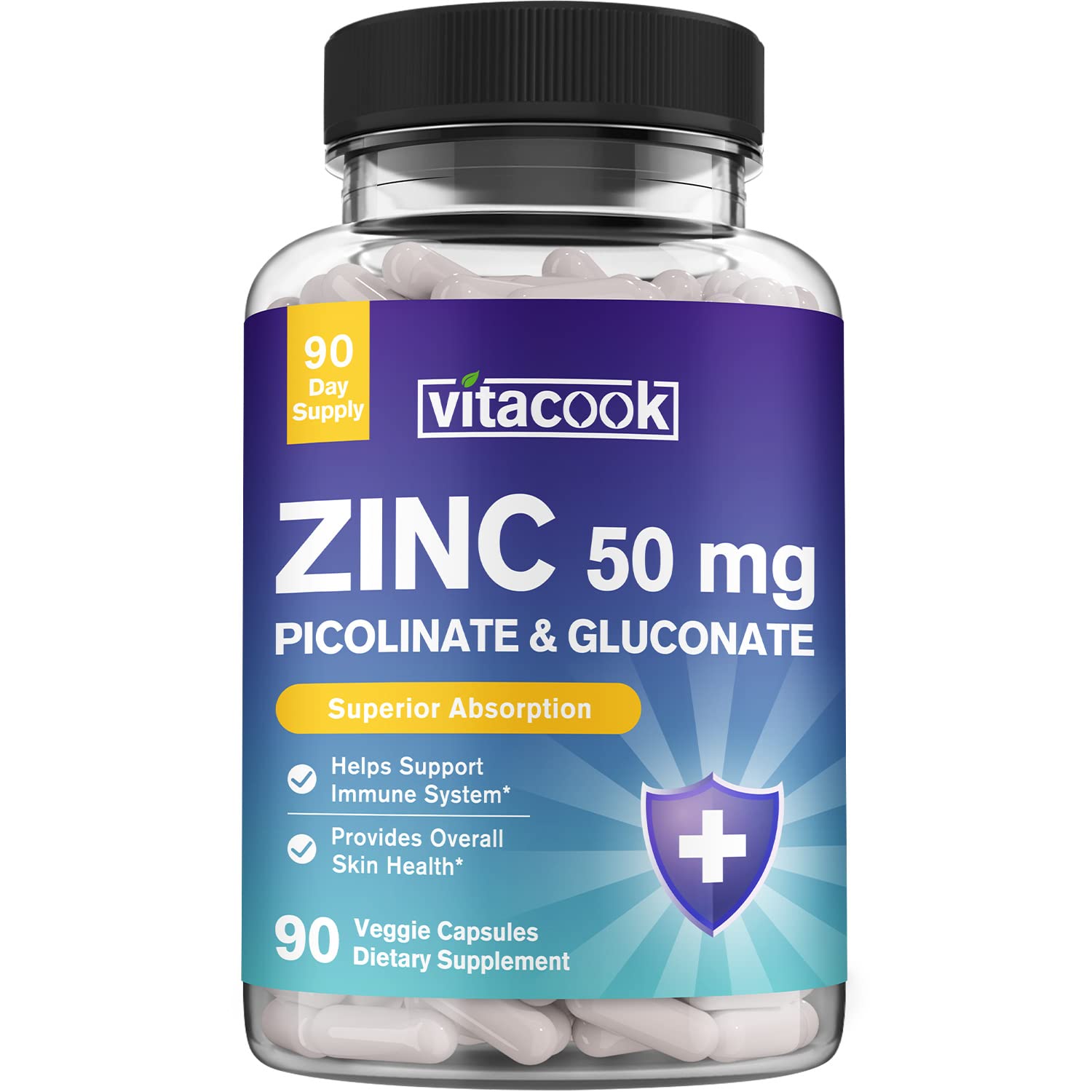 VitaCook Zinc Supplement, 50 mg of Elemental Zinc, High Potency, Zinc Gluconate & Picolinate for Superior Absorption, Immune, Antioxidant & Skin Support, Non-GMO, Once Daily, 90 Veggie Capsules