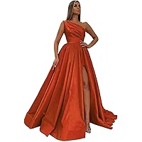 Women's One Shoulder Satin Prom Dresses Long Ball Gown Slit Ruched Evening Formal Dress with Pockets