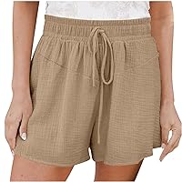 Elastic Waist Drawstring Shorts for Women Summer Linen Shorts Casual Baggy Short Pants Solid Wide Leg Short with Pocket