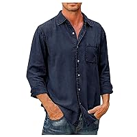 Linen Shirt Men,Plus Size Long Sleeve Baggy Solid Shirt Summer Lightweight Casual Fashion T-Shirt Blouse Top Trendy 2024 Outdoor Tees Navy XXL