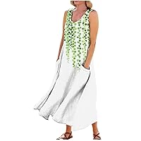 Womens Sun Dresses Summer Casual Sundress with Sleeveless and Pockets Printed Round Neck Comfort Tank Dress