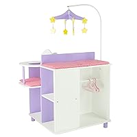 Little Princess Baby Doll Two-Sided Wooden Baby Doll Changing Station with Storage Shelves, Closet, Highchair, Changing Table, and Sink, White with Purple and Pink Accents