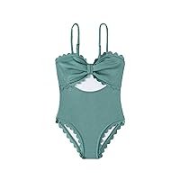MakeMeChic Girl's One Piece Swimsuit Cut Out Knot Front Scallop Trim Bathing Suit Monokini