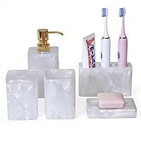 Bathroom Accessories Set, 5 Pcs White Toothbrush Holder & Soap Dispenser Counter Top Home Apartment Restroom Decor, Resin Kits, Gift for Housewarmings(Pearl White)