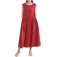 Women's Casual Loose Clothing Long Sleeveless Sundress Soft Summer Cotton Linen Dress with Pockets