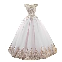 AD Off Shoulder Lace Prom Dresses with Gold Appliques Ball Gown Quinceanera AD002