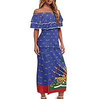 Women's Haitian Flag Puletasi Samoan Traditional Dress Ruffle Off Shoulder Top Skirt Two Piece Outfit