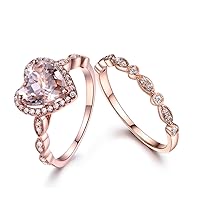 2pcs Morganite Ring Jewelry Set,8mm Heart Shape Pink Morganite Ring,14k Rose Gold Diamond Marquise Band