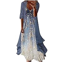 2 Piece Summer Outfits Womens Sexy V Neck Beach Boho Holiday Long Slip Dresses and 3/4 Sleeve Chiffon Long Cardigans