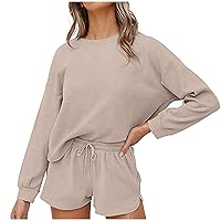 Women Long Sleeve Lounge Sets 2 Piece Outfits Sweatsuit Trendy Sweatshirt Short Sets Solid Relaxed Fit Tracksuit