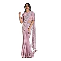 Pink Indian Women Satin Silk Party Wear Designer Heavy Sequins Saree Fancy Cocktail Festival Wedding Traditional Sari 3527