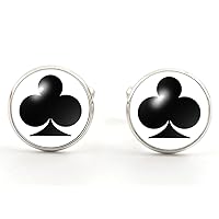 Silvery Pokers Cabochon Glass Dome Cufflinks Spades Hearts Diamonds Clubs Cuff Links Gamble Cufflinks