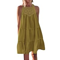 2024 Women's Summer Hollow Out Halter Dresses Casual Sleeveless A-Line Tiered Swing Sundress Soild Color Short Dress