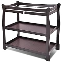 Costzon Baby Changing Table, Infant Diaper Changing Table Organization, Newborn Nursery Station with Pad, Sleigh Style Nursery Dresser Changing Table with Hamper/ 2 Fixed Shelves (Espresso)