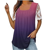 Womens Square Neck Shirts Lace Sleeve Tunic Tops Loose Comfy Blouses Sexy Casual Trendy Tunics Resort Tee Shirt