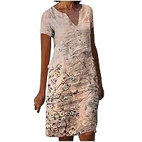Casual Dresses for Women Summer 2023 Linen Short Sleeve Tunic Dress V Neck Floral Print Loose Beach Vacation Dresses