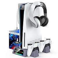 YOGES PS5 Stand and Cooling Station with Temperature Sensor (𝐍𝐨𝐭 𝐟𝐨𝐫 𝐏𝐒𝟓 𝐒𝐥𝐢𝐦), 2H Fast PS5 Dual Controller Charger Station Accessories Cooler Fan with 2 Headset Holder White