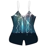 Lightning Strikes Cityscape Funny Slip Jumpsuits One Piece Romper for Women Sleeveless with Adjustable Strap Sexy Shorts