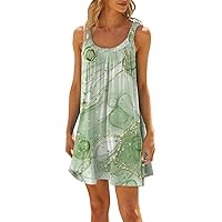 Spring Dresses for Women 2024 Printed Sleeveless Dress Pleated Casual Sun Dress Swing Trendy Vacation Beach Dress