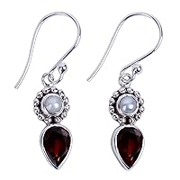 NOVICA Handmade .925 Sterling Silver Cultured Freshwater Pearl Garnet Dangle Earrings with from India White Aurora Birthstone [1.4 in L x 0.3 in W x 0.2 in D] 'Scarlet Tear'