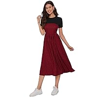 TLULY Dress for Women Houndstooth Print Dress (Color : Multicolor, Size : Large)