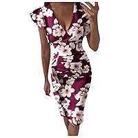 SNKSDGM Women Summer Short Sleeve Wrap V Neck Ruffle Swing Sundresses Casual Boho Floral Print Midi Dress