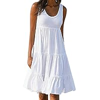 Ruffle Sundress for Women Crewneck Sleeveless Beach Dress Casual Solid Flowy Mini Dresses Summer A-Line Tank Dress