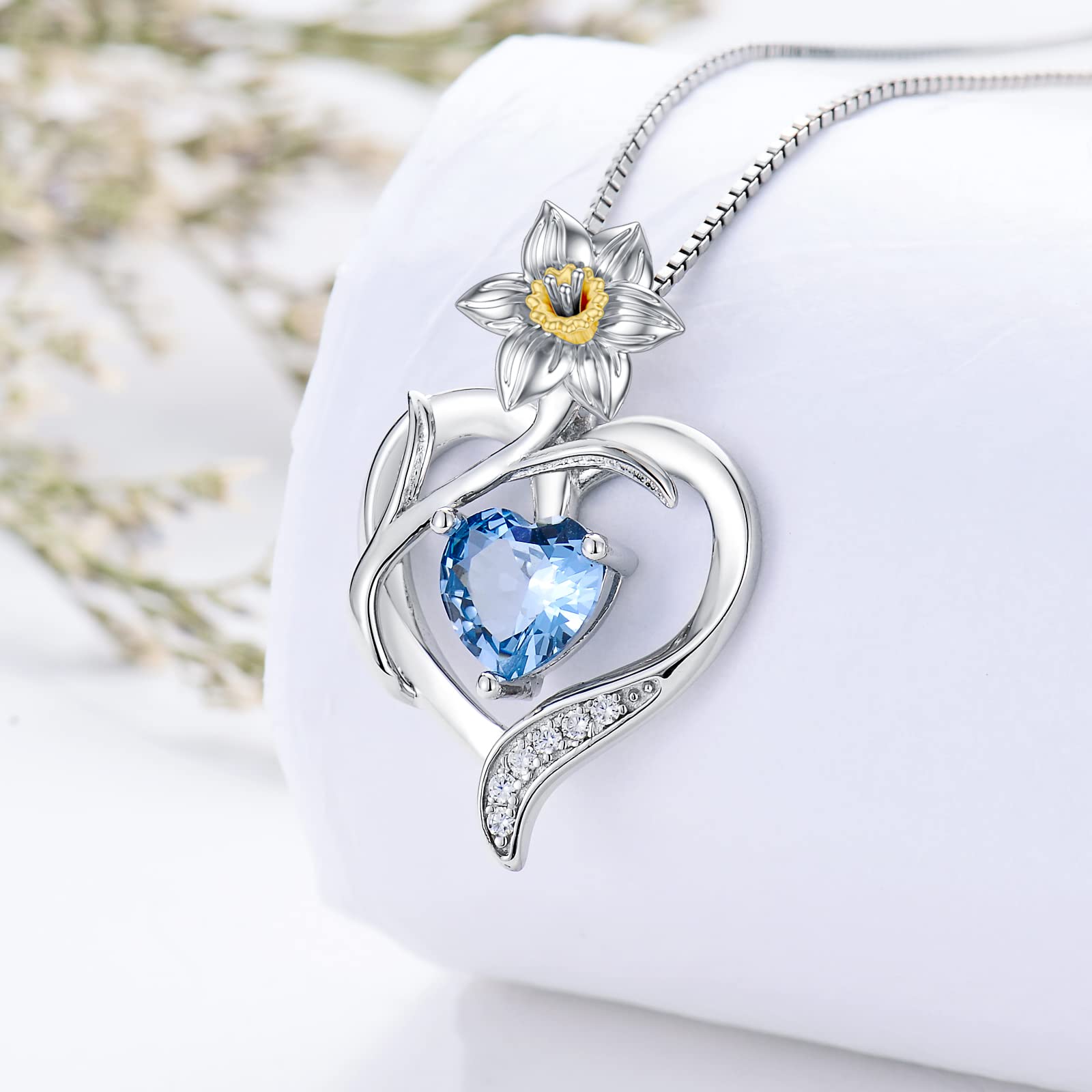 TOUPOP 925 Sterling Silver Birth Month Flower Floral Heart Pendant Necklace with Birthstone Birthday Graduation Jewelry for Women Girls