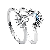 Celestial Sun and Moon Ring Set, Sparkling Sun Ring/Blue Moon Ring with 14k Gold/Silver Plating, Friendship Promise Ring, Stackable Celestial Rings, Gift for Women Girls
