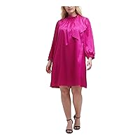 Jessica Howard Womens Pink Stretch Zippered Textured Jacquard Long Sleeve Tie Neck Above The Knee Wear to Work Shift Dress Plus 14W