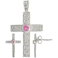 Sterling Silver Brilliant Cut CZ Latin Cross Stud Earrings and Pendant Set Assorted colors for women Swirl-design