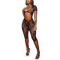 NRTHYE Women Sexy Mesh See Through Lace Jumpsuits Short Sleeve Backless Cut Out Rompers Club Outfits