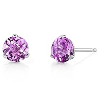 Peora 14K White Gold Created Pink Sapphire Martini Solitaire Earrings for Women, Hypoallergenic 2.25 Carats total, Round Shape 6mm, AAA Grade, September Birthstone, Friction Back