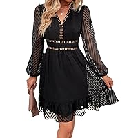 Dresses for Women - Lantern Sleeve Ruffle Hem Mesh Dress (Color : Black, Size : Large)