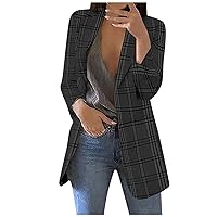 Fall Plaid Stripe Blazer for Women Open Front Casual Work Office Cardigan Jacket with Pockets Lapel Dressy Blazers