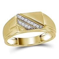 10kt Yellow Gold Mens Round Diamond Diagonal Row Flat Top Fashion Ring 1/12 Cttw (I2-I3 clarity; I-J color)