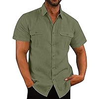 Men's Plus Size Casual Stylish Short Sleeve Button-Up Solid Dress Shirts Linen Beach Shirts Cuban Style Camp Shirts