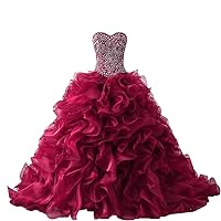 Women's Crystal Beaded Sweetheart Quinceanera Dresses Organza Ruffles for Sweet 16 Ball Gowns