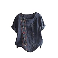 Women Cotton Linen Button Trim Tee Tops Summer Short Sleeve Flower Embroidery Shirts Casual Fitted Crewneck Blouses