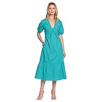 Donna Morgan Women's V-Neck Midi with Twist Empire Detail and Short Sleeves