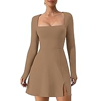 Women's Long Sleeve Square Neck Mini Dress with Side Slit - Sexy Bodice and Flare Dress Perfect for Fall