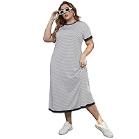 Womens Plus Size Dresses Summer Striped Print Contrast Binding Dress