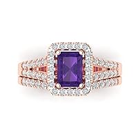 Clara Pucci 1.7 ct Emerald Cut Halo Solitaire Natural Purple Amethyst Designer Art Deco Statement Wedding Ring Band Set 18K Rose Gold