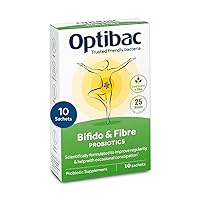 Optibac Probiotics Bifido & Fibre - Vegan Probiotics for Digestive Health & Occasional Constipation, 25 Billion CFU & Prebiotic - 10 Sachets