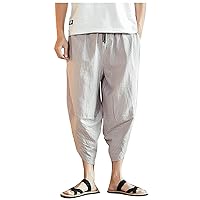Pants for Men Sweatpants Baggy Linen Capri Pants Light Loose 3/4 Shorts Draw Rope Elastic Waist Casual Beach Yoga