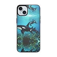 Killer Whales Swim Along Print for iPhone 15 Soft Glass Case Back+Soft Silicone TPU Shock Protective Case