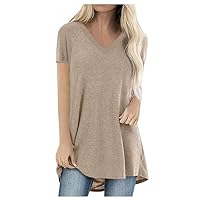 Women's Summer Tunic Tops Casual Short Sleeve Loose Fit Long Blouse Solid V Neck Flowy Tees Shirts for Leggings