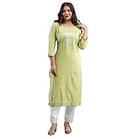 Indian Women Green White Embroidered Kurta Pant Mirror work Sleeve Summer Festival wear Soft Kurti 468r