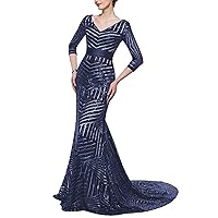 Women's Shinny Sequin Mermaid Evening Dresses Long V-Neck 3/4 Sleeves Prom Gown